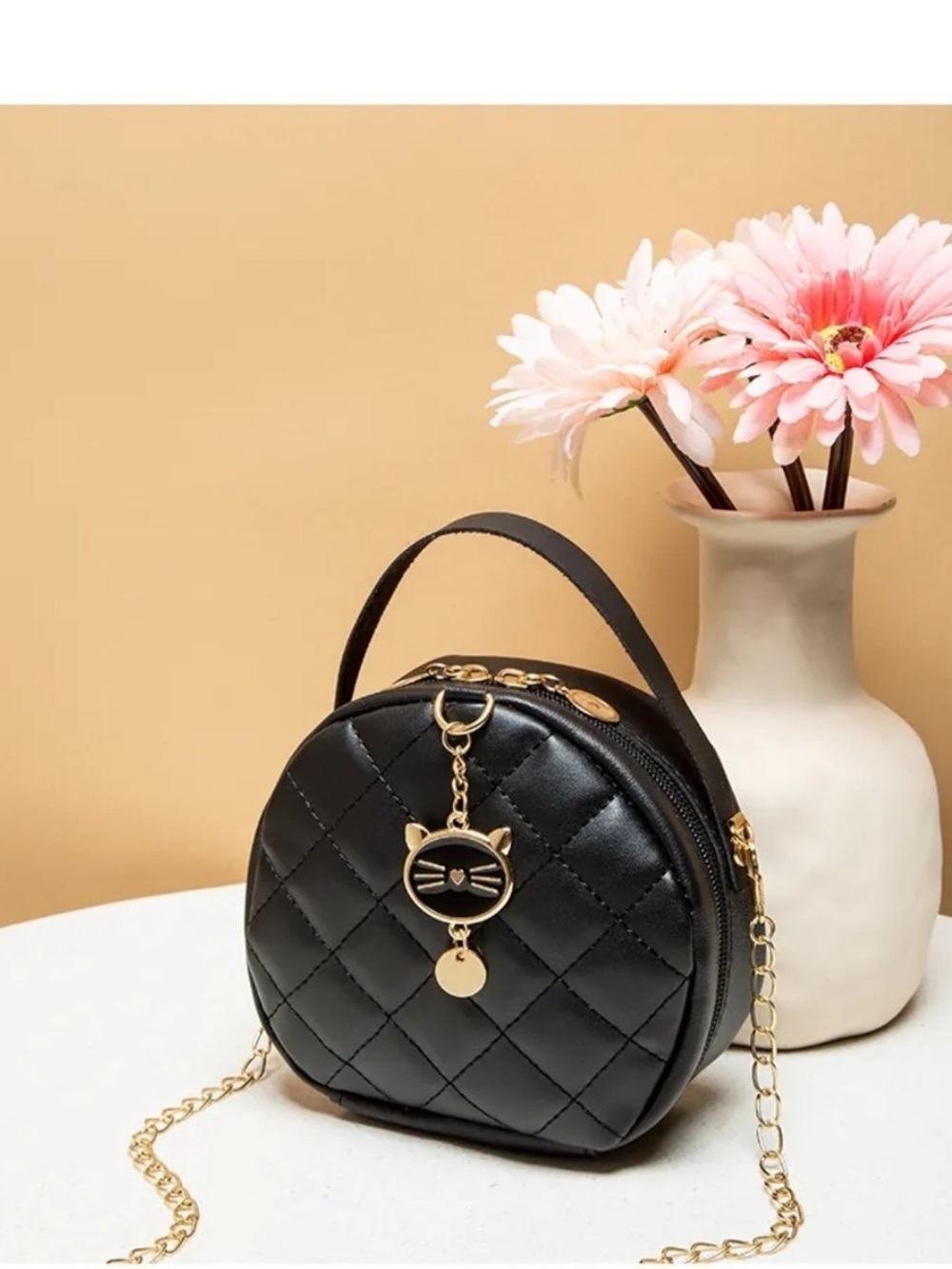 Black Quilted Small Crossbody Bag with Gold Cat Charm